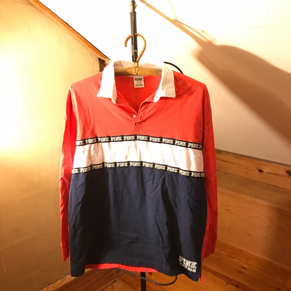 Pink Red White Blue Long Sleeve Rugby Polo, EUC, L